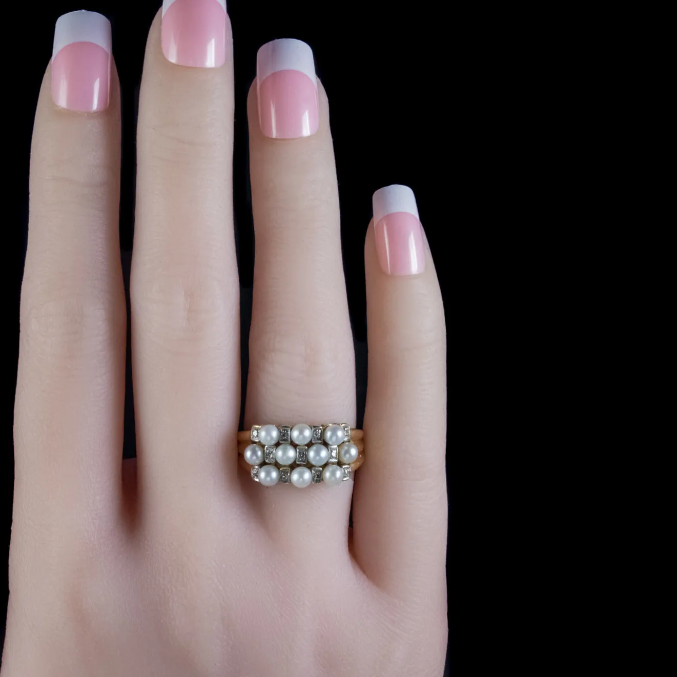 Vintage French Pearl Diamond Cluster Ring 18Ct Gold Circa 1950