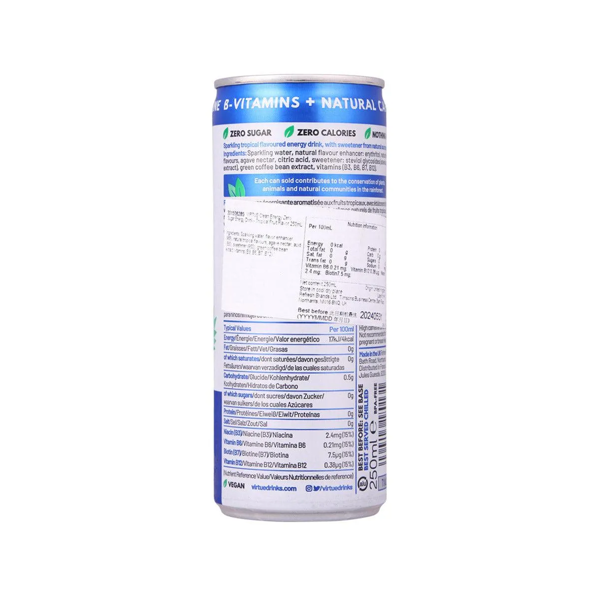 VIRTUE Clean Energy Zero Sugar Energy Drink - Tropical Fruit Flavor  (250mL)