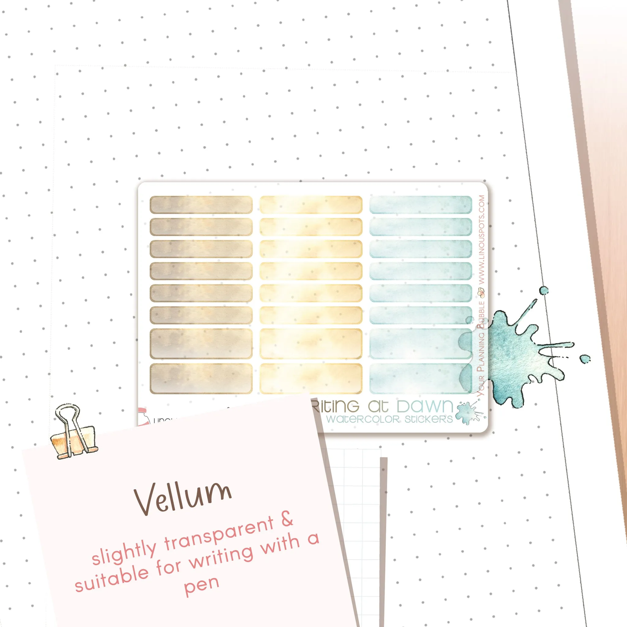 Writing At Dawn - Watercolor Planner Stickers MINI -  1,5'' Wide Miniboxes