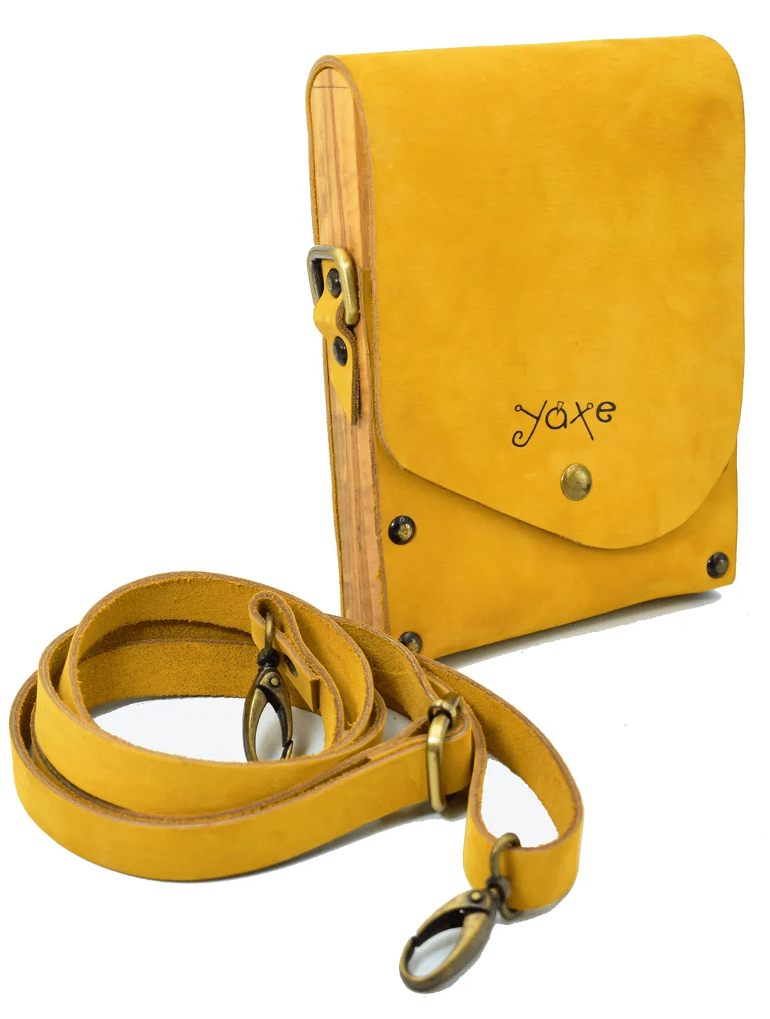 Yellow belt bag from leather and wood