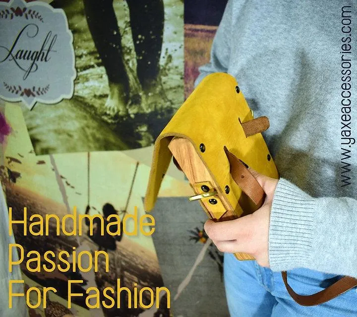 Yellow belt bag from leather and wood