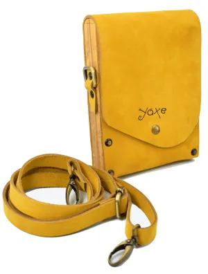 Yellow belt bag from leather and wood