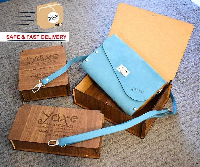 Yellow belt bag from leather and wood