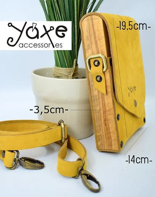 Yellow belt bag from leather and wood